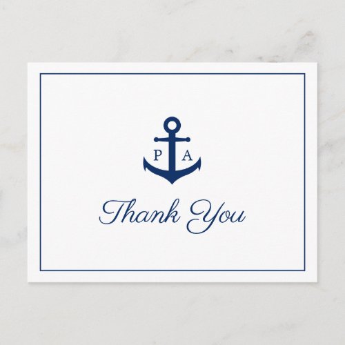 Blue Anchor Monogram Nautical Wedding Thank You Postcard