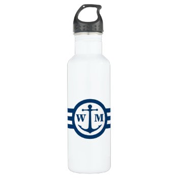 Blue Anchor Monogram Water Bottle by GiftCorner at Zazzle