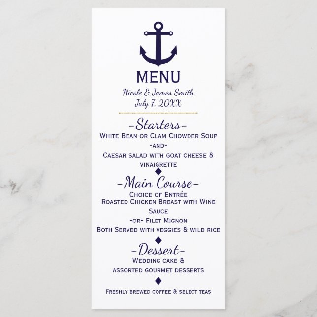 Blue Anchor Nautical Beach Wedding Menu Card (Front)