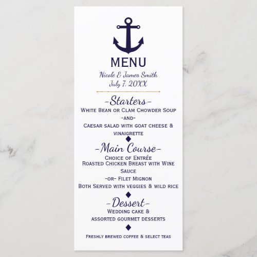 Blue Anchor Nautical Beach Wedding Menu Card