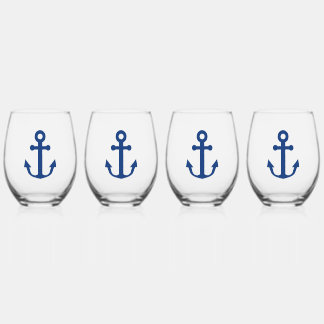 Blue Anchor Nautical Design Stemless Wine Glass