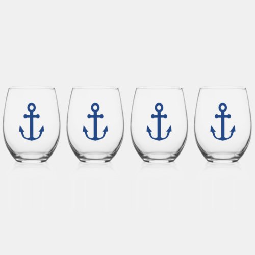 Blue Anchor Nautical Design Stemless Wine Glass