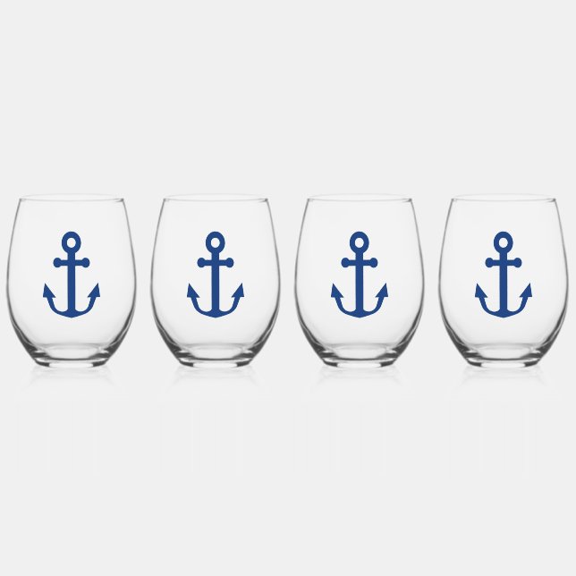 Blue Anchor Nautical Design Stemless Wine Glass (Front)