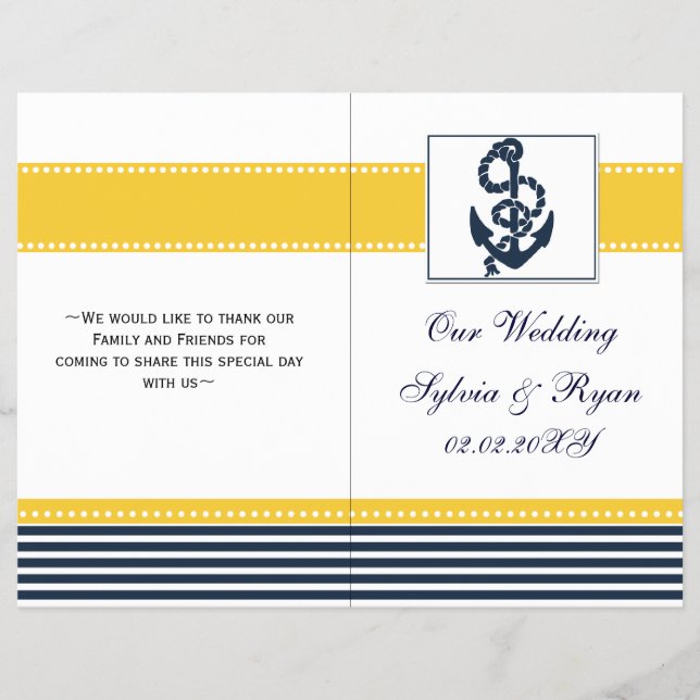 blue anchor nautical  folded Wedding program (Front)