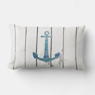 Blue Anchor Nautical Shiplap Rustic Beach Decor Lumbar Pillow