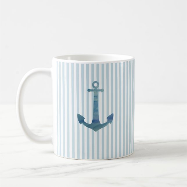 Blue Anchor Nautical Stripe Coffee Mug (Left)