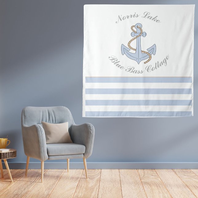 Blue Anchor Nautical Stripes Lake Beach House Name Tapestry (Creator Uploaded)