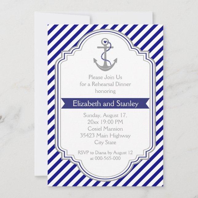 Blue anchor nautical wedding rehearsal dinner invitation (Front)