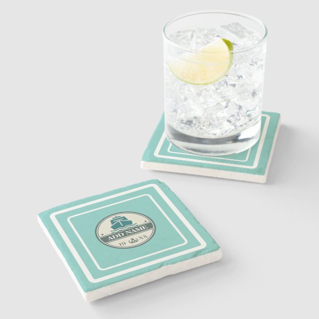 Blue Anchor Nautical Welcome yacht sailing Boat  Stone Coaster (Side)