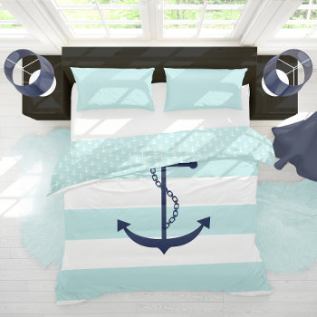 Blue Anchor On Mint Green Stripes Duvet Cover by heartlocked at Zazzle