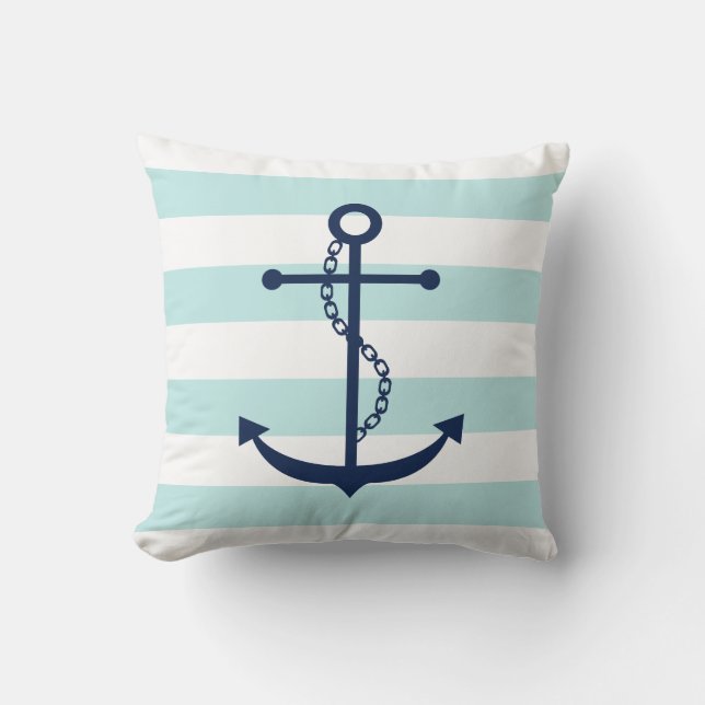 Blue Anchor on Mint Stripes Pattern Throw Pillow (Front)