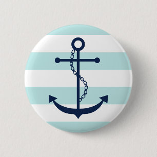 Blue Anchor on Mint Stripes Pinback Button
