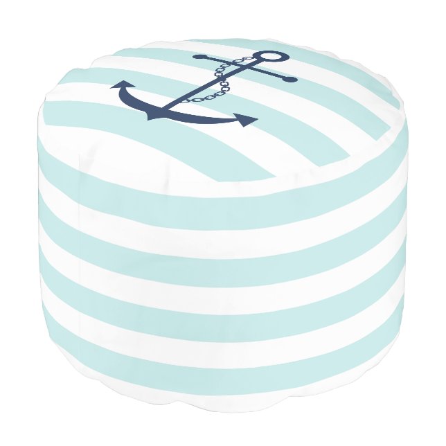 Blue Anchor on Mint Stripes Pouf (Angled Back)