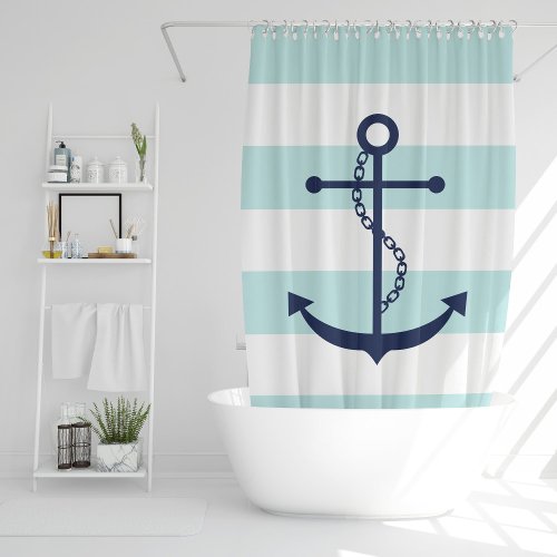 Blue Anchor on Mint Stripes Shower Curtain