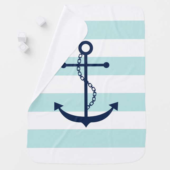 Blue Anchor on Mint Stripes Swaddle Blanket (In Situ)