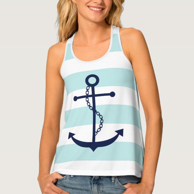 Blue Anchor on Mint Stripes Tank Top (Front)