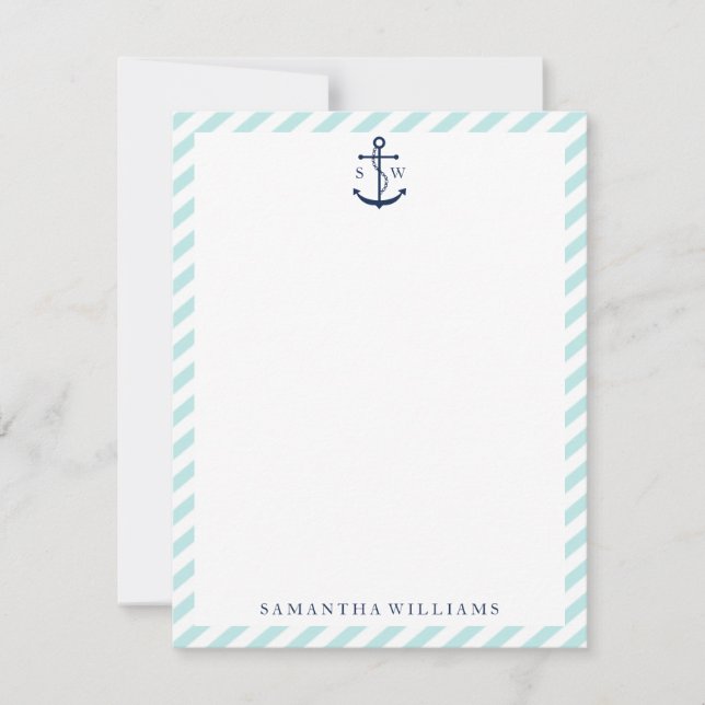 Blue Anchor on Mint Stripes Thank You Notes (Front)