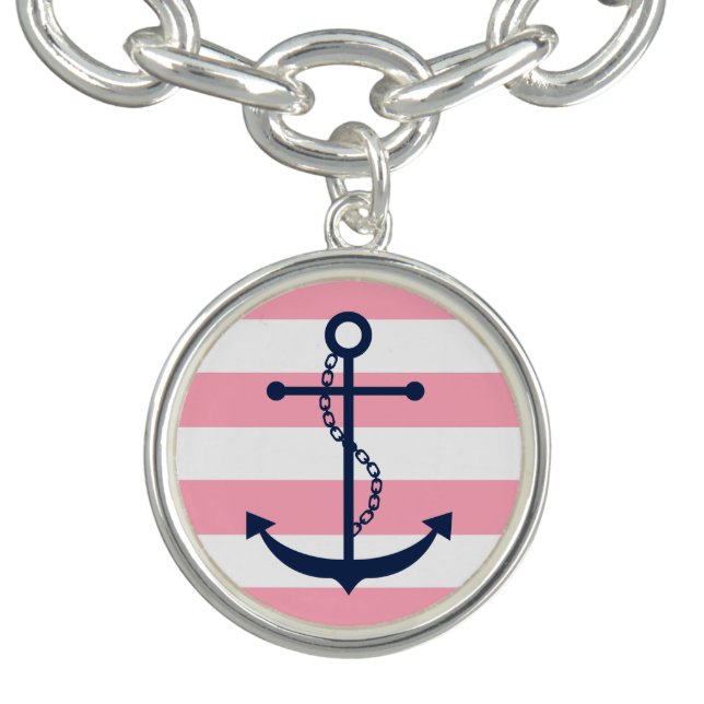 Blue Anchor on Pink and White Nautical Stripes Bracelet (Design)