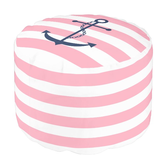 Blue Anchor on Pink and White Nautical Stripes Pouf (Angled Back)