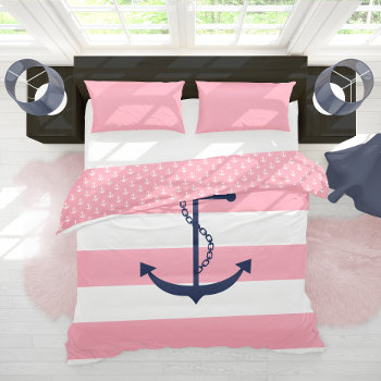 Blue Anchor On Pink Stripes Duvet Cover by heartlocked at Zazzle