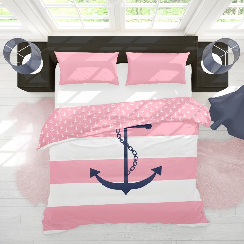Blue Anchor on Pink Stripes Duvet Cover