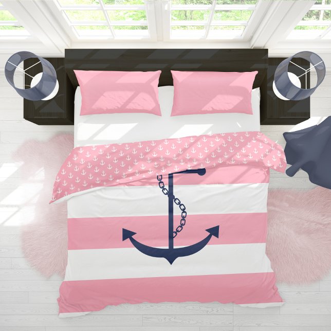 Blue Anchor on Pink Stripes Duvet Cover (Creator Uploaded)