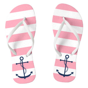 Blue Anchor on Pink Stripes Flip Flops