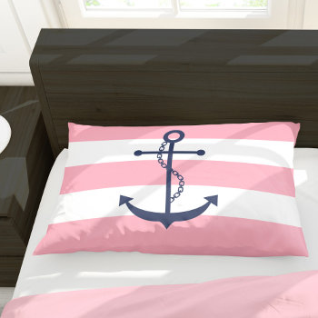 Blue Anchor On Pink Stripes Pillow Case by heartlocked at Zazzle