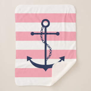 Blue Anchor on Pink Stripes Sherpa Blanket