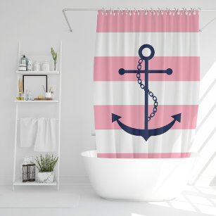 WHIMSICAL CHIC RED HOT PINK STRIPES WHITE SHOWER CURTAIN