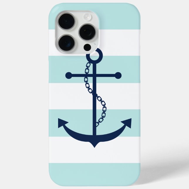 Blue Anchor on White and Mint Nautical Stripes Case-Mate iPhone Case (Back)