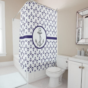 Blue Anchor Pattern Nautical Theme Shower Curtain