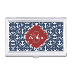 Blue Anchor Pattern Red Monogram Business Card Case
