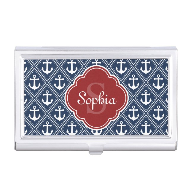 Blue Anchor Pattern Red Monogram Business Card Case (Front)