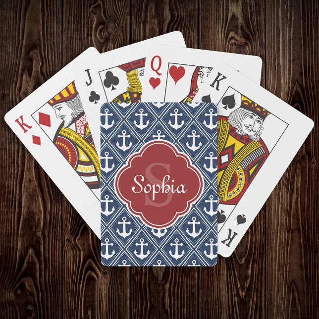 Blue Anchor Pattern Red Monogram Poker Cards (Creator Uploaded)