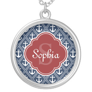 Blue Anchor Pattern Red Monogram Silver Plated Necklace