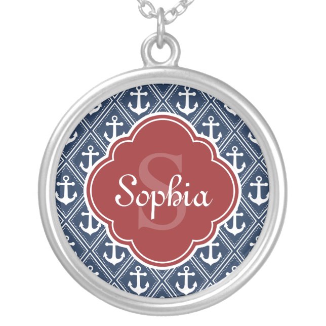 Blue Anchor Pattern Red Monogram Silver Plated Necklace (Front)