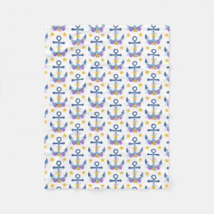 Blue Anchor Purple Seashells Yellow Starfish Fleece Blanket