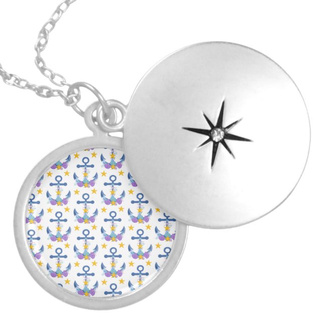 Blue Anchor Purple Seashells Yellow Starfish Locket Necklace (Front)