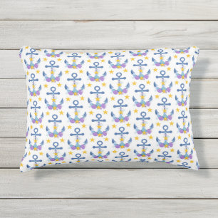 Blue Anchor Purple Seashells Yellow Starfish Outdoor Pillow
