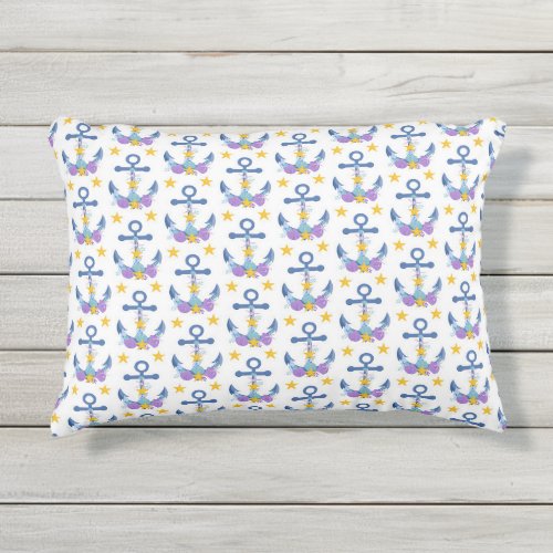 Blue Anchor Purple Seashells Yellow Starfish Outdoor Pillow