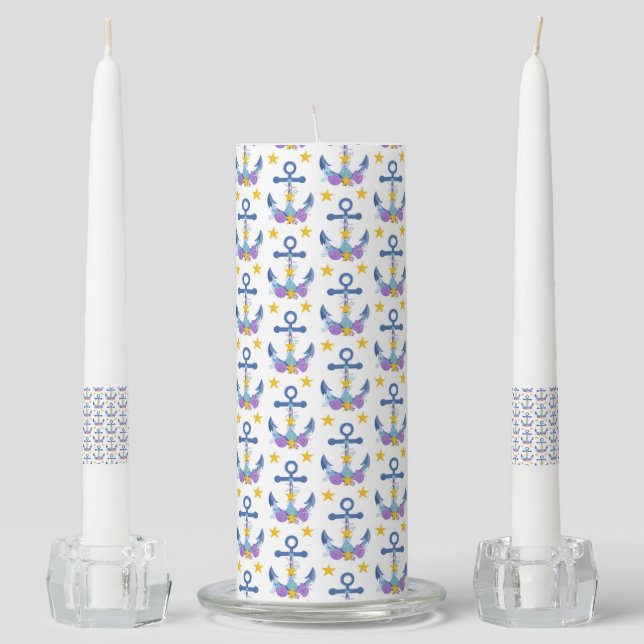 Blue Anchor Purple Seashells Yellow Starfish Unity Candle Set (Front)