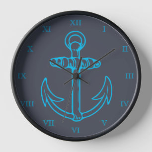 Blue Anchor Roman Numerals Ship or Boat Wall Clock
