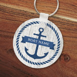 Blue anchor rope border boat name keys driftwood Keychain<br><div class="desc">Keychain for your boat keys featuring a dark blue nautical anchor surrounded by a rope border on a light gray driftwood background. Across the anchor is a blue ribbon with a template field for your boat's name. Dark blue back.</div>