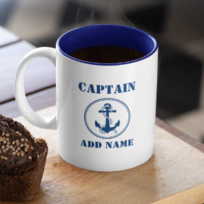 Blue Anchor & Rope Captain Add Name or Boat Name Two-Tone Coffee Mug