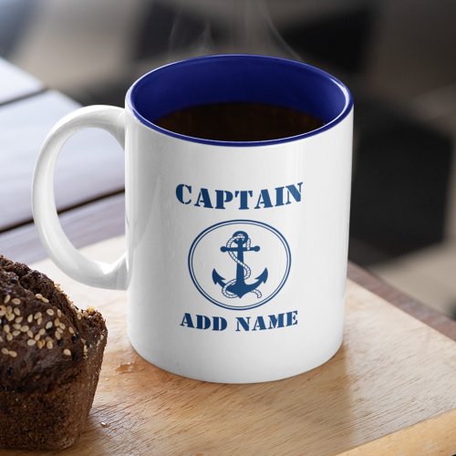 Blue Anchor  Rope Captain Add Name or Boat Name Two_Tone Coffee Mug