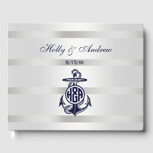 Blue Anchor Silver White Navy Circle Monogram 33 Guest Book