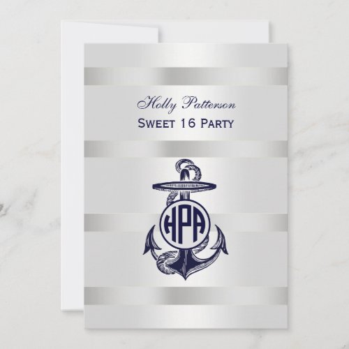 Blue Anchor Silver White Navy Circle Monogram 33 Invitation