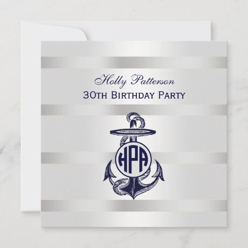 Blue Anchor Silver White Navy Circle Monogram 33 Invitation