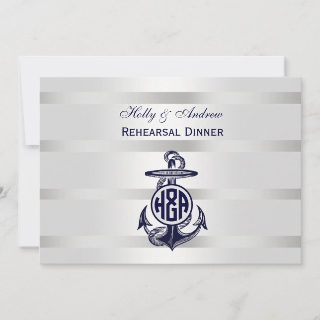 Blue Anchor Silver White Navy Circle Monogram 33 Invitation (Front)